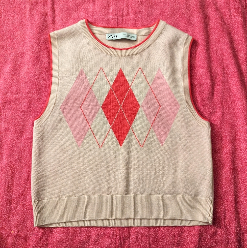 Zara Pink Argyle Sweater Vest Top